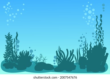 Bottom of reservoir with fish. Silhouette. Blue water. Sea ocean. Underwater landscape with plants, algae and corals. Illustration in cartoon style. Flat design. Vector art