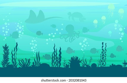 Bottom of reservoir with fish. Silhouette. Blue water. Sea ocean. Underwater landscape with animals, plants, algae and corals. Illustration in cartoon style. Flat design. Vector art