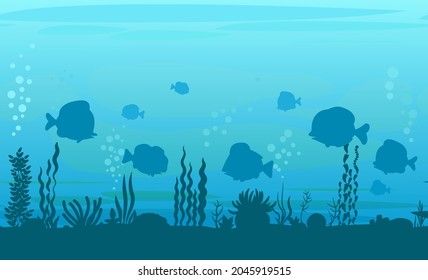 Bottom of reservoir with fish. Silhouette. Blue water. Sea ocean. Underwater landscape with animals, plants, algae and corals. Illustration in cartoon style. Flat design. Vector art.