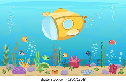Bottom of reservoir with fish. Submarine. Blue water. Sea ocean. Underwater landscape with animals, plants, algae and corals. Illustration in cartoon style. Flat design. Vector art