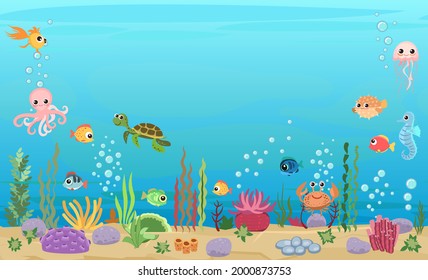 Bottom of reservoir with fish and turtle. Blue water. Sea ocean. Underwater landscape with animals. plants, algae and corals. Illustration. Cartoon style. Flat design. Vector art