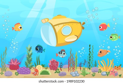 Bottom of reservoir with fish. Yellow Submarine. Blue water. Sea ocean. Underwater landscape with animals, plants, algae and corals. Illustration in cartoon style. Vector art