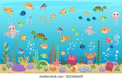 Bottom Of Reservoir With Fishes And Turtles. Blue Water. Sea Ocean. Underwater Landscape With Animals. Plants, Algae And Corals. Cartoon Style. Flat Design. Vector Art