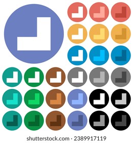 Bottom right angle arrow solid multi colored flat icons on round backgrounds. Included white, light and dark icon variations for hover and active status effects, and bonus shades.