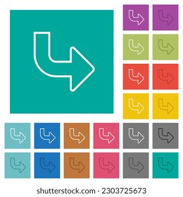 Bottom right side turn arrow outline multi colored flat icons on plain square backgrounds. Included white and darker icon variations for hover or active effects.