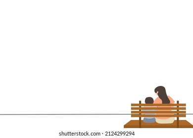 bottom right simple line vector illustration of mother's day, young mother and son sitting together in the park, mother advising son. one line illustration vector