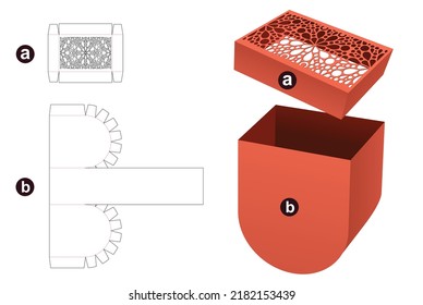 Bottom round box with stenciled lid die cut template and 3D mockup