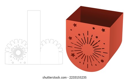 Bottom round container with stenciled firework die cut template and 3D mockup