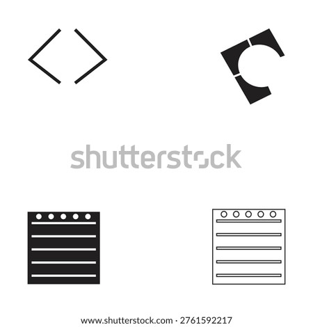 The bottom row presents two variations of a document or note icon, styled like a spiral-bound notebook page. The bottom-left version is a bold, solid silhouette with horizontal lines.