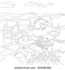 The bottom of the sea.. Black and white vector illustration for coloring book