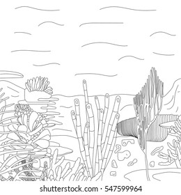 The bottom of the sea. Black and white vector illustration for coloring book 