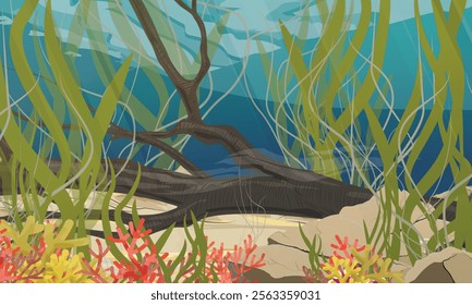 The bottom of the shallow water of the warm sea with a sunken branch, green algae, corals, tropical fish and other sea creatures. Coral reef. Realistic vector underwater landscape