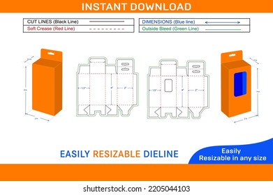 Bottom snap lock hanging window mobile charger box, 2x1.5x3.5 box dieline template and 3D box