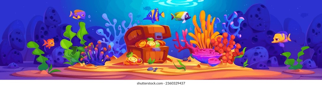 Bottom under water seafloor scene with treasure chest. Ocean underwater world cartoon game background. Stone, alga, coral and weed aquarium environment design with fish. Oceanic wildlife painting