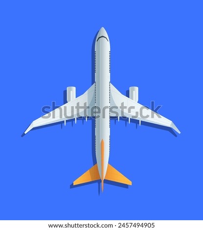 Bottom view of an airplane in flight. Flat vector illustration isolated on blue background