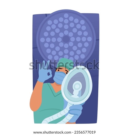 Bottom View Of Anesthesiologist Character Wearing Mask During Surgery, Show Ok Sign, Ensuring Patient Comfort And Monitoring Vital Signs For A Successful Operation. Cartoon People Vector Illustration