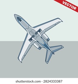Bottom View Diagonal Jet Plane Flying Upward Left Vector Illustration Isolated, Executive Jetliner Underside With Landing Gear Deployed, Commercial Business Aviation Passenger Aircraft Graphic