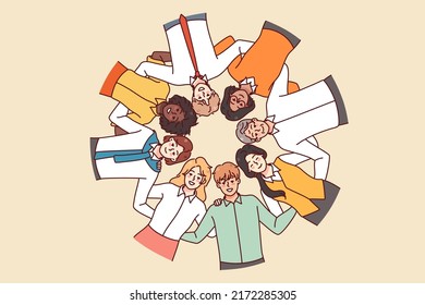 Bottom view of diverse multiracial people stand in circle hugging showing unity and support. Multiethnic men and women embrace demonstrate shared values. Vector illustration. 