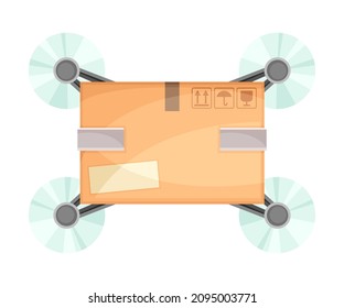 Bottom view of drone carrying parcel box to customer. Modern delivery service technology vector illustration