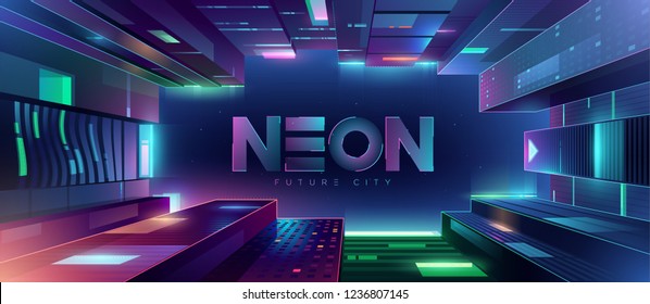 Bottom up view of the futuristic night neon city. Retro wave and cyberpunk style illustration. Cityscape on a dark background with bright and glowing neon purple and blue lights.