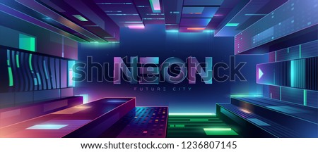 Bottom up view of the futuristic night neon city. Retro wave and cyberpunk style illustration. Cityscape on a dark background with bright and glowing neon purple and blue lights.