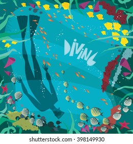 Bottom view on the silhouette of the diver on a coral reef, there are a lot of different fish and seaweed - Underwater world or diving concept. Vector illustration