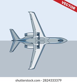Bottom View Private Jet Airplane With Landing Gear Vector Illustration Isolated, Underside View Executive Jetliner Landing Gear Open, Commercial Aviation Aircraft Transport Technical Graphic