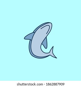 Vista inferior del gráfico de ilustración vectorial de tiburón en estilo plano aislado en fondo azul