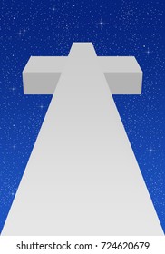 Bottom view of a white marble stone cross with a blue night flashing star sky background. Standing Christian symbol