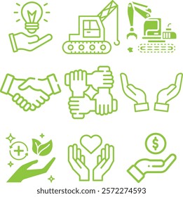 The bottom-left icon features a hand with leaves and sparkles, signifying growth or care for the environment.