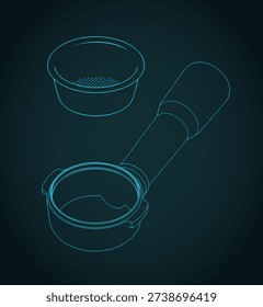 Bottomless espresso portafilter and filter basket isometric blueprints stylized vector illustration