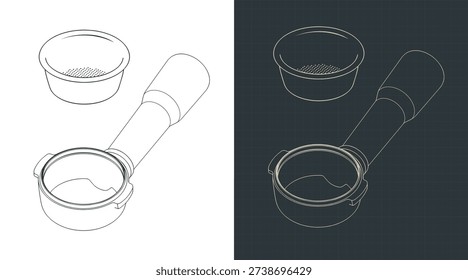 Bottomless espresso portafilter and filter basket isometric drawings stylized vector illustrations