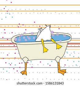 Bottoms up vector drawing of a duck dunking in a bathtub, surface pattern design, fun for kids bathroom art