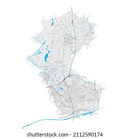 Bottrop, North Rhine-Westphalia, Germany high resolution vector map with city boundaries and editable paths. White outlines for main roads. Many detailed paths. Blue shapes and lines for water.