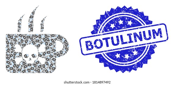 Botulinum corroded stamp seal and vector recursive collage poison tea. Blue stamp seal includes Botulinum caption inside rosette. Vector collage is formed from recursive rotated poison tea items.