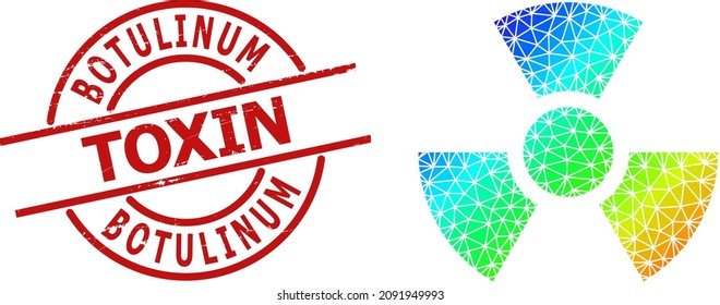 BOTULINUM TOXIN rubber stamp seal, and lowpoly spectrum colored radioactivity icon with gradient. Red stamp seal contains Botulinum Toxin tag inside circle and lines shape.