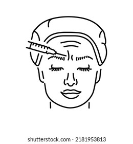 Botulinum wrinkle therapy between the eyebrows color line illustration. Hyaluronic injection.