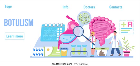 Botulism Concept Vector. Tiny Doctors Treat Stomach, Intestine. Food Poisoning, Botulinum Toxin Infection. Gastroenterology Illustration For Medical Blog Website.