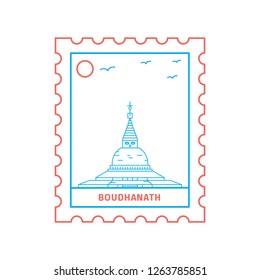 BOUDHANATH postage stamp Blue and red Line Style, vector illustration