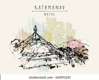 Boudhnath, Boudha. Tibetan temple in Kathmandu, Nepal, Asia. Travel sketch. Buddhist pilgrimage site. Sacred Buddhist place. Vintage hand drawn touristic postcard, poster, book illustration in vector