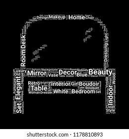 Boudoir dressing table word cloud vector design creative concept. Boudoir dressing table icon shape. Trendy vector word collection.