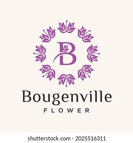 Bougainvillea flower logo design vector template, beautiful flower icon, nature logo design template with luxury leaf concept abstract luxury flower symbol for nature, yoga and beauty