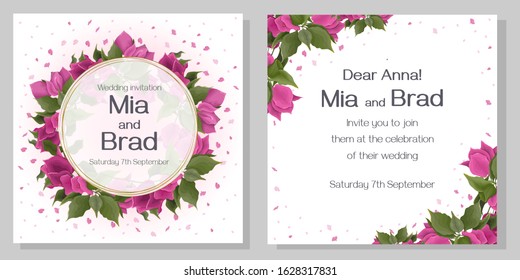 Bougainvillea flowers, green leaves and petals. Golden frame. Bright design for your wedding invitation