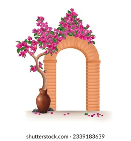 Bougainvillea tree growing in clay pot encircling the arch realistic object isolated at white background vector illustration