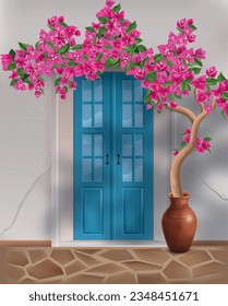 Bougainvillea tree growing in clay pot next to front door of house realistic composition vector illustration svg