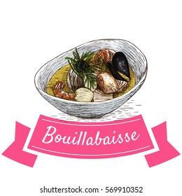 Bouillabaisse colorful illustration. Vector illustration of French cuisine.