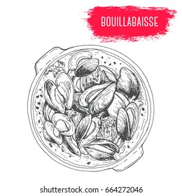 
Bouillabaisse hand drawn vector illustration. French cuisine dish. Design sketch element. Mussels seafood