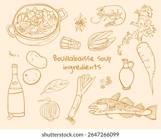 Bouillabaisse soup illustration. Hand drawn soup ingredients outline doodle style. 