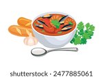 Bouillabaisse soup with mussels and shellfish vector illustration. Bowl of bouillabaisse fish soup icon set isolated on a white background. Bouillabaisse soup, seafood, herbs and baguette drawing