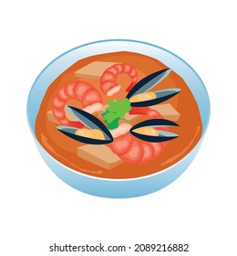 Bouillabaisse Suppe mit Meeresfrüchten Symbol Vektorgrafik. Suppenschüssel mit Garnelen, Muscheln und Fischsymbol Vektorgrafik. Seafood-würziger Eintopf, Vektorgrafik einzeln auf weißem Hintergrund